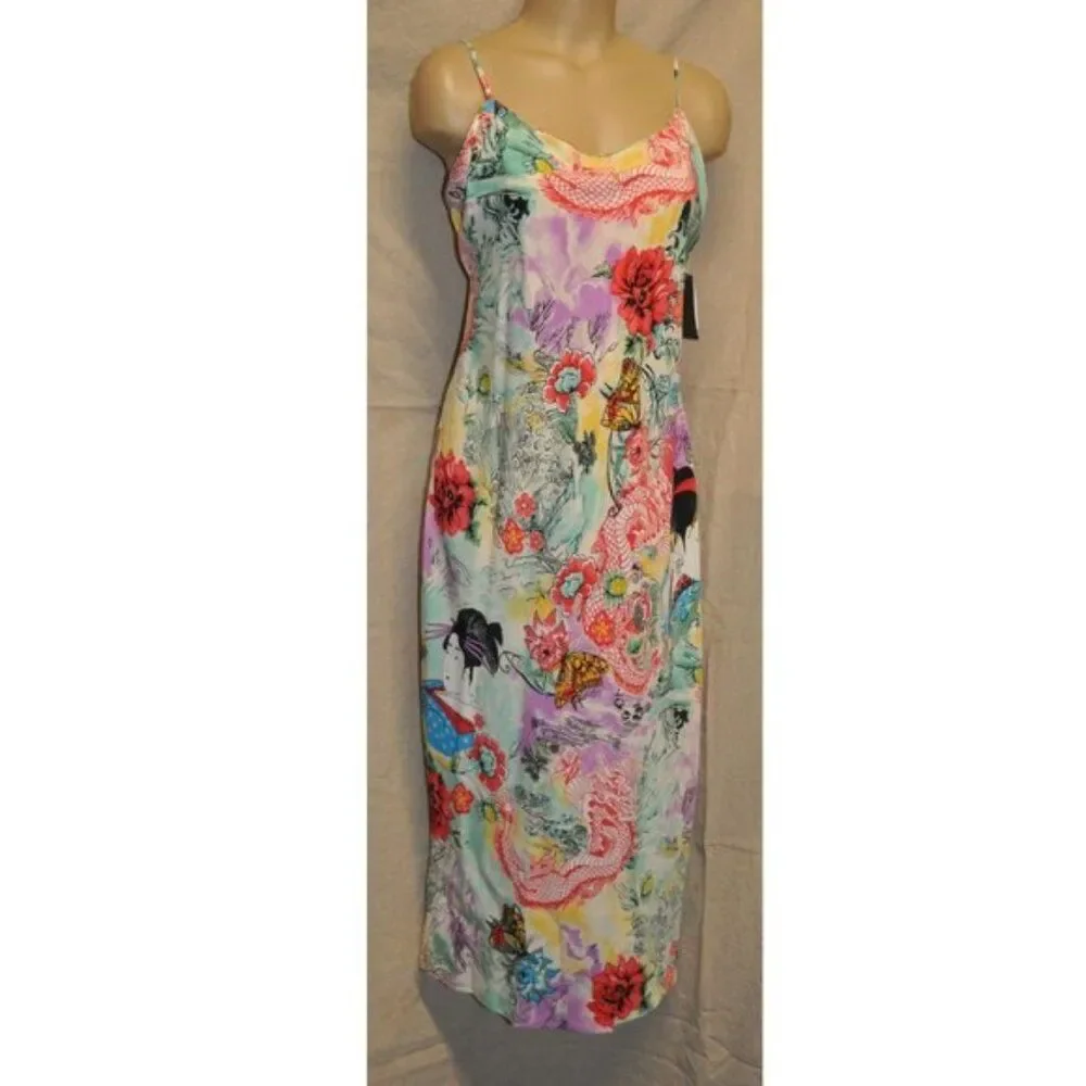 NATORI Iconic vintage GORGEOUS bias satin slip dress nightgown Geisha dragon S